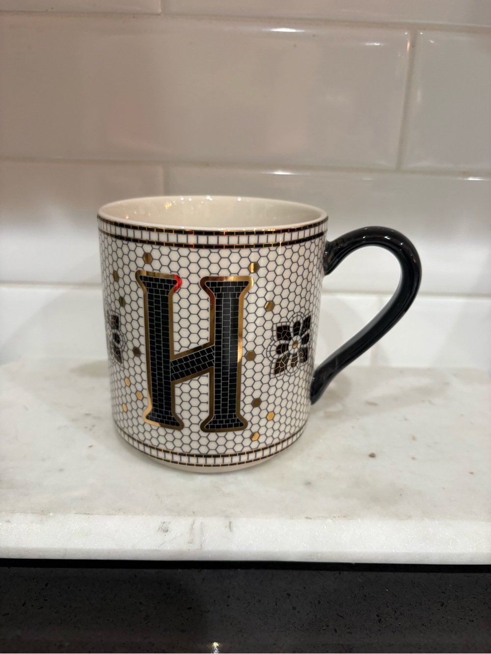 Anthropologie Black and Gold Monogram H Mug